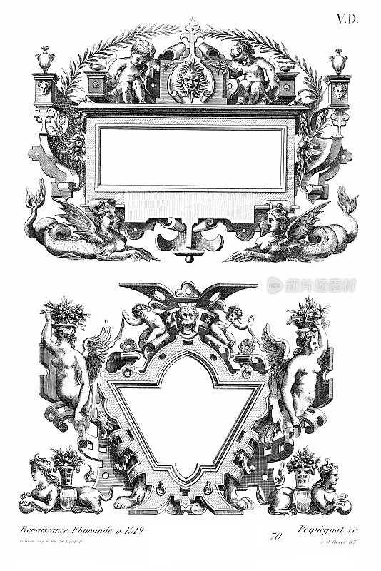 Cartouche，皮革，约1579年(2种图案)，佛兰德文艺复兴时期。1875年，Old decoration出版社出版。